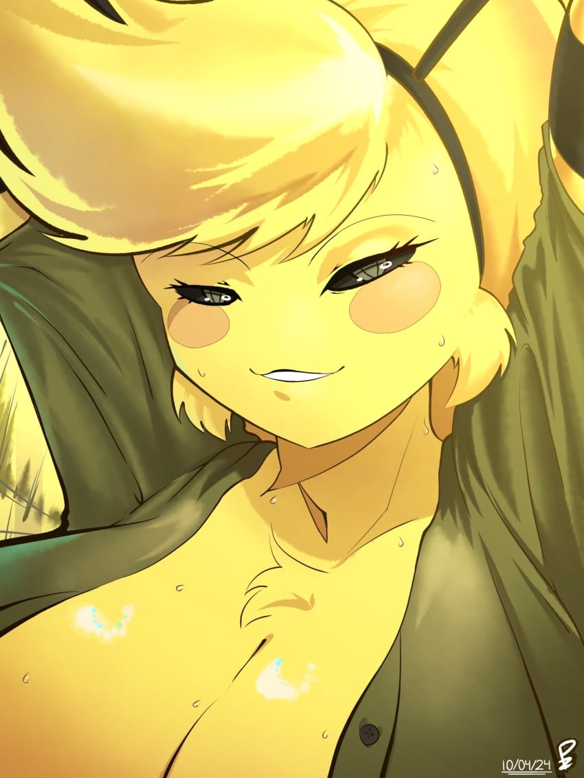 animal_humanoid arms_up bee bee_girl blush breasts breasts_out breasts_out_of_frame bweswees_bizznip cleavage_cutout colorbox_(mustard) fur fur_breasts fur_thick_thighs furry green_shirt incredibox_mod open_clothes smile sweat tagme yellow_body yellow_fur