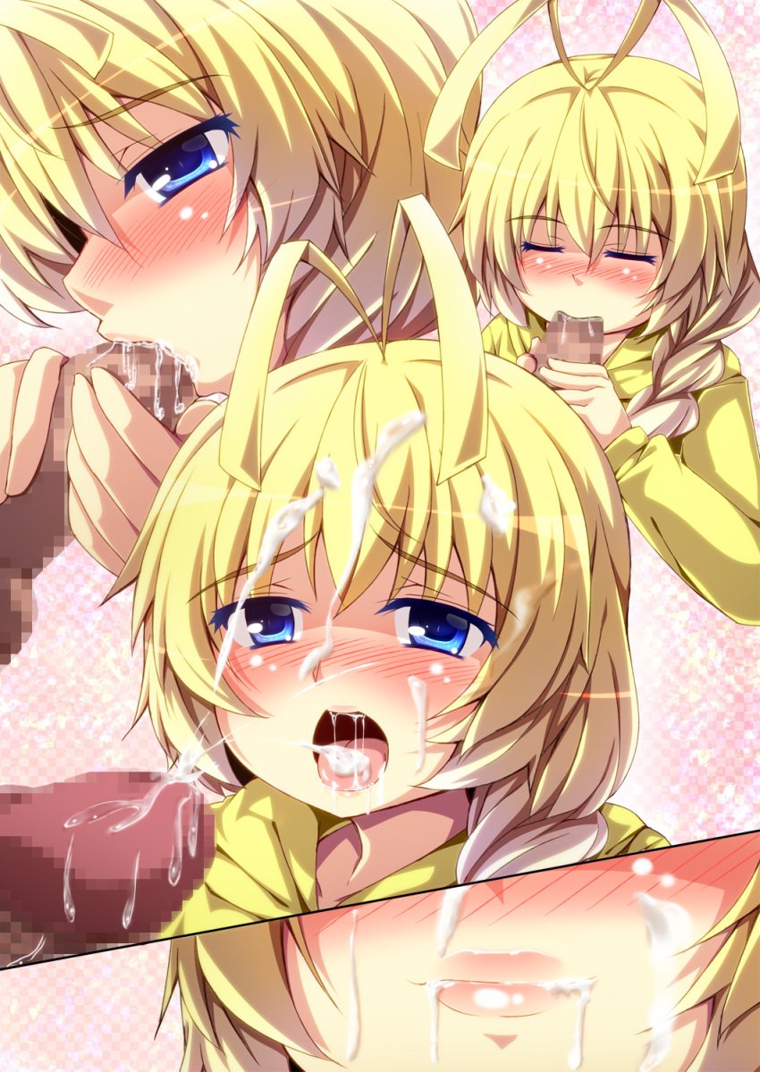 2boys antenna_hair artist_request blonde_hair blue_eyes blush braid censored cum cum_in_mouth cum_inside cum_on_face cum_on_hair cum_on_tongue erection facial fellatio femboy gay girly haiyore!_nyaruko-san hastur_(nyaruko-san) highres lips male_only open_mouth oral penis swallowing_cum tongue tongue_out trap yaoi