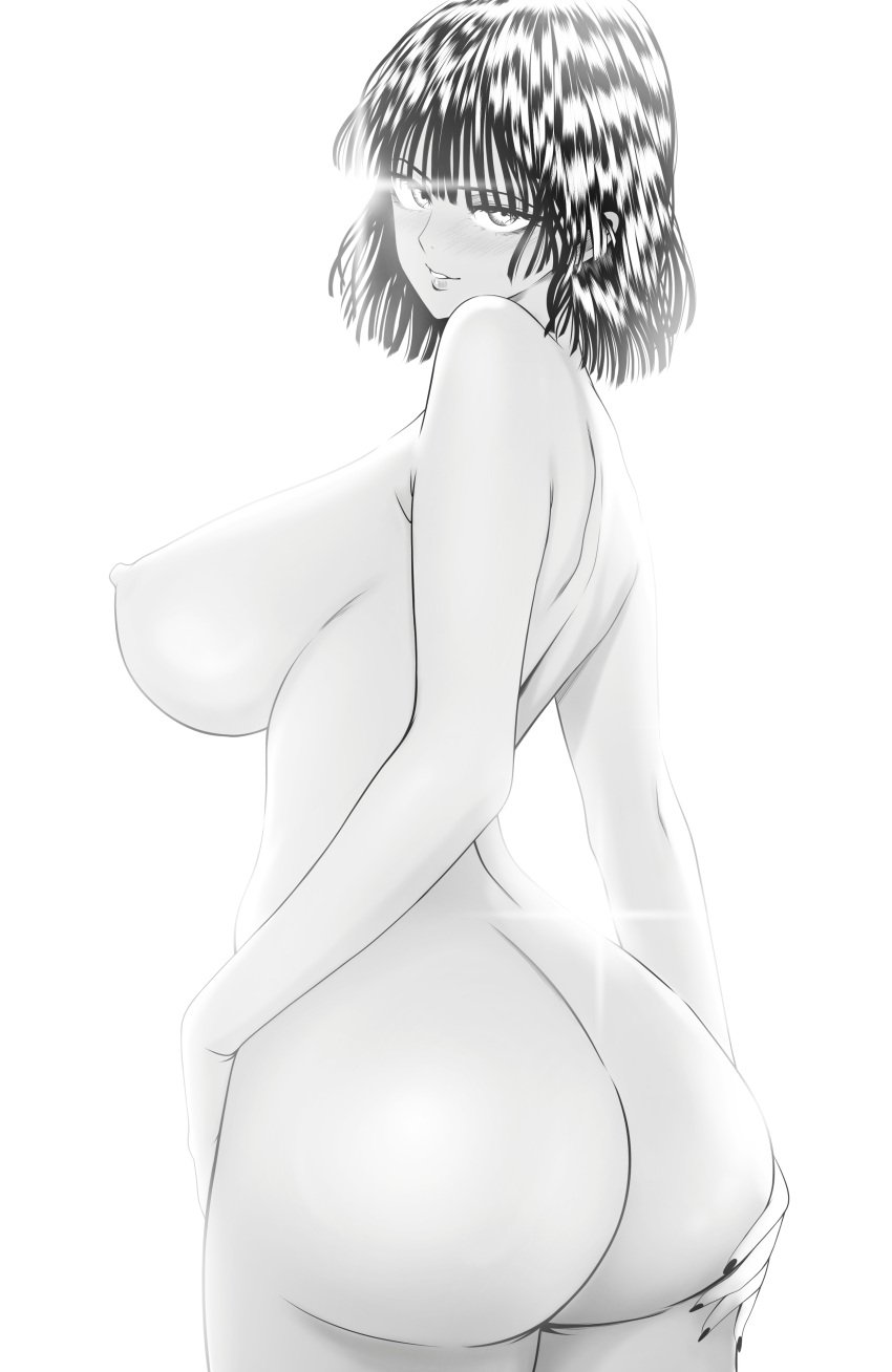 1girls ass big_ass big_breasts black_and_white blush bottomless breasts female female_only fubuki_(one-punch_man) hair hand_on_ass huge_breasts lips looking_back monochrome mostlybluewyatt nail_polish nails naked naked_female nipples nude nude_female one-punch_man short_hair solo solo_female sparkles topless