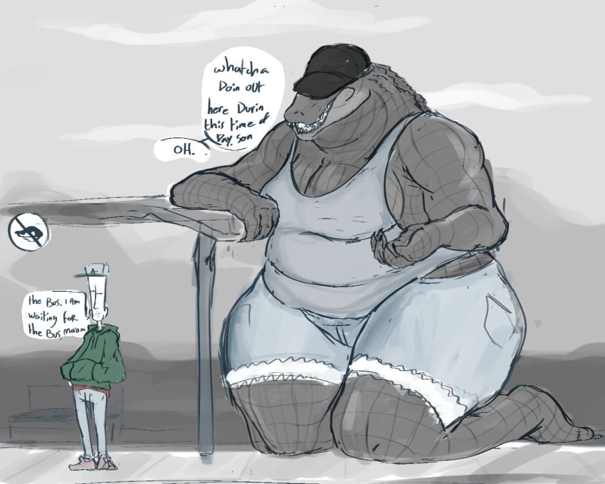 1boy 1girls alligator arter269 big_breasts bus_stop huge_breasts taller_female taller_girl thick_thighs