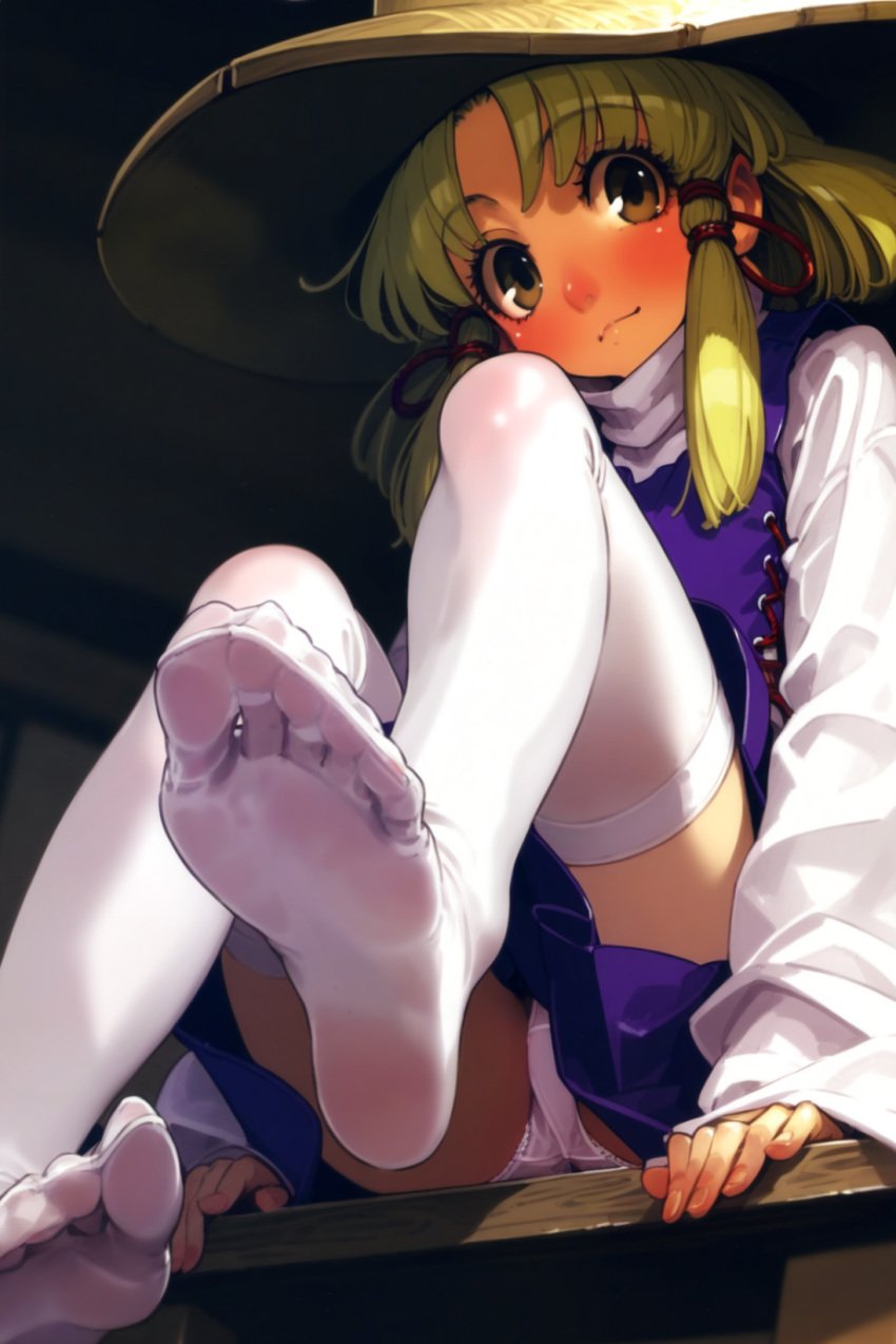 ai_generated blonde_hair clothed feet feet_fetish feet_focus feet_up foot_fetish foot_focus fully_clothed looking_at_viewer no_shoes red_ribbon ribbon ribbons socks soles soles_fetish suwako_moriya tagme thighhighs toes toes_visible_through_clothing touhou underwear white_thighhighs white_underwear