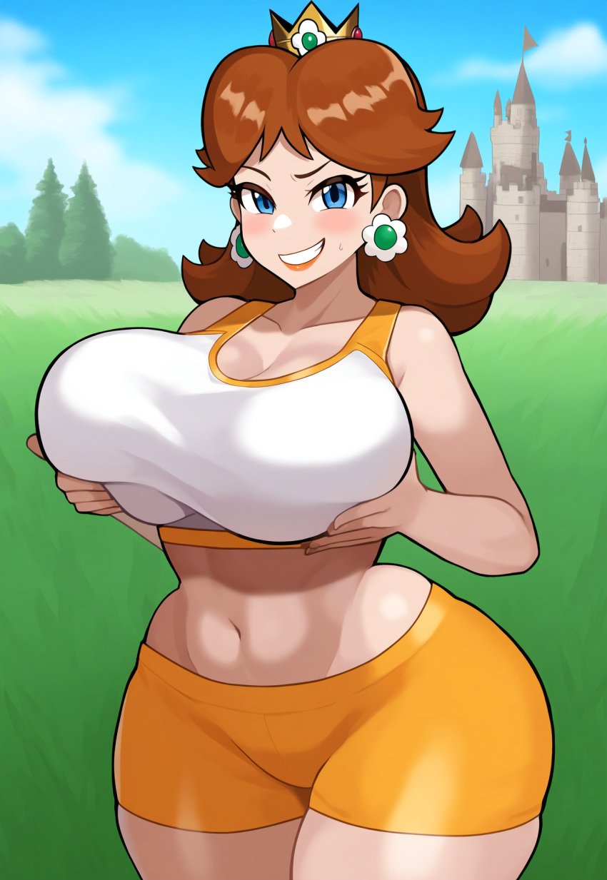 1girls ai_generated big_breasts blue_eyes brown_hair female female_only gigantic_breasts grabbing_breasts gym_shorts huge_breasts huge_hips lubbasdump mario_(series) nintendo princess princess_daisy royalty smirk tank_top tomboy voluptuous wide_hips