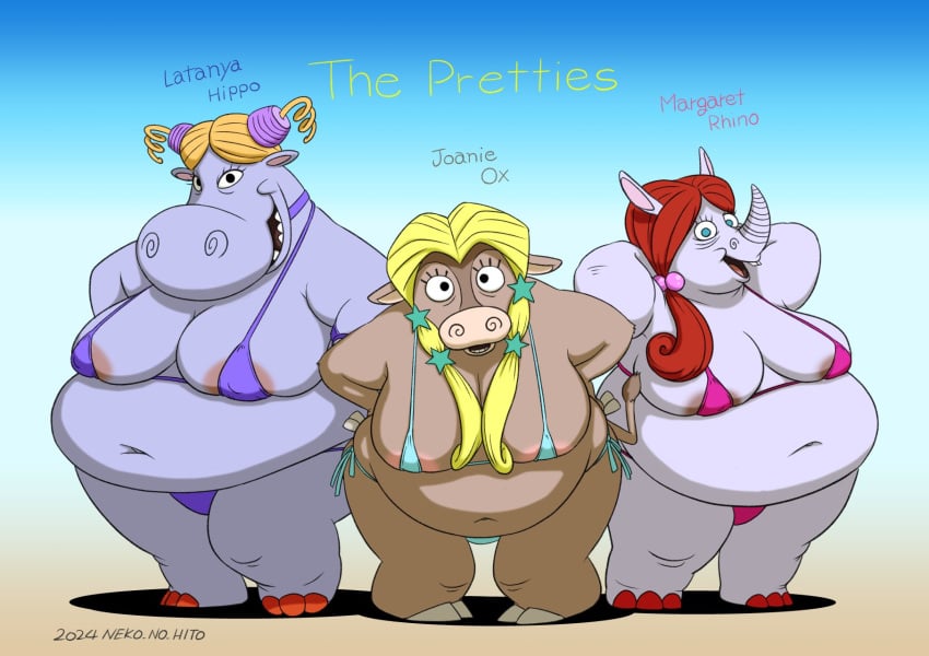 anthro areola behind big bikini blonde_hair bovid bovine bow breasts cartoon_network clothing eyelashes eyes female group gym hair hands head hippo hippopotamid hippopotamus hips joanie_ox latanya_hippo long looking looking_at_ mammal margaret_rhino my_gym_partner's_a_monkey navel neko_no_hito network obese overweight ox red res rhino rhinoceros ribbon slip standing swimsuit swimwear text trio twintails two-piece_bikini two-piece_swimsuit