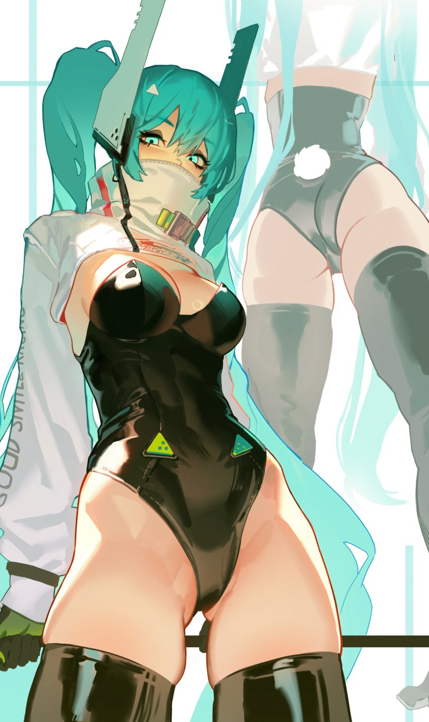 ass bunny_tail bunnysuit butt_from_the_front dethmaid hatsune_miku looking_at_viewer racing_miku skindentation thick_thighs thighs vocaloid