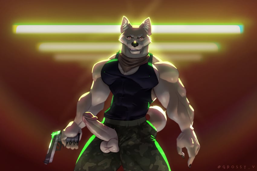 2022 3:2 anthro black_clothing black_shirt black_tank_top black_topwear bottomwear camo camo_print canid canine canis clothing digital_media_(artwork) domestic_dog erection fluorescent_light genitals grossy_vulpen gun handgun hi_res holding_gun holding_object holding_ranged_weapon holding_weapon humanoid_genitalia humanoid_penis kerchief looking_at_viewer male mammal military military_pants military_uniform muscular muscular_anthro muscular_male penis penis_poking_out penis_through_fly pistol ranged_weapon shiba_inu shirt smile smirk solo spitz tan_body tank_top topwear uniform weapon white_body