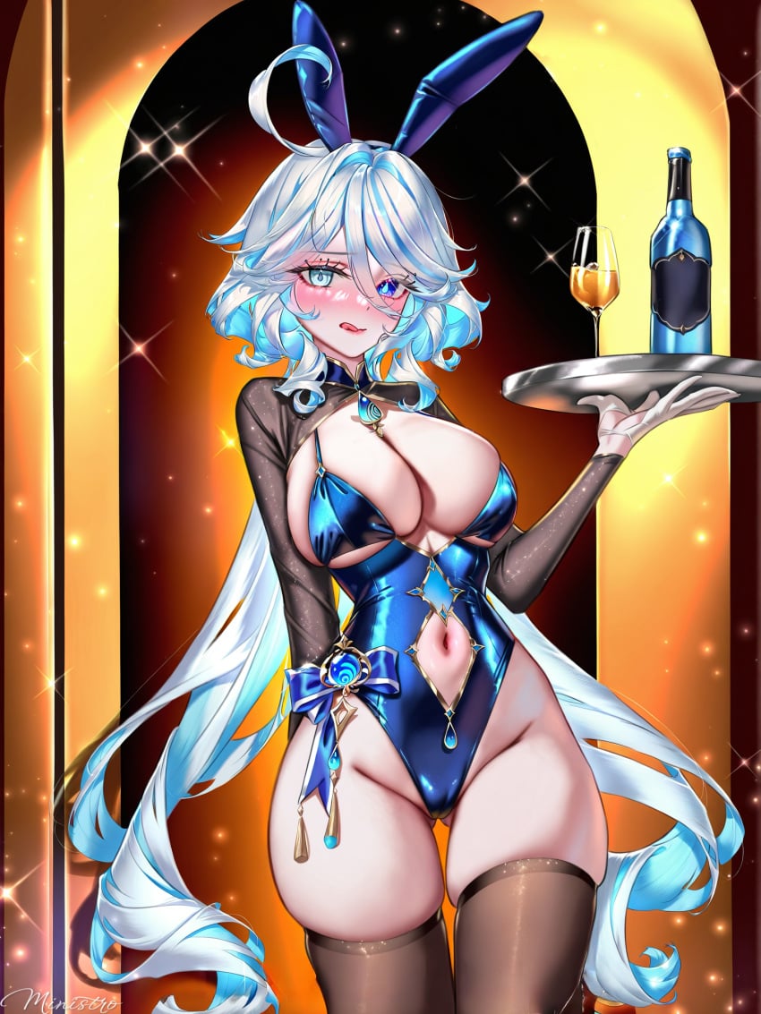 absurd_res ai_generated alcohol animal_ears bangs black_legwear blue_eyes blue_hair blush bow braid breasts cleavage cup diffraction_spikes drinking_glass drinking_straw fake_animal_ears female furina_(genshin_impact) genshin_impact glint holding holding_tray ice large_breasts lens_flare long_hair looking_at_viewer ministro navel navel_cutout open_mouth playboy_bunny rabbit_ears shooting_star solo sparkle sparkle_background star_(sky) starry_sky sun thighhighs thighs tray very_long_hair wine_glass wrist_cuffs