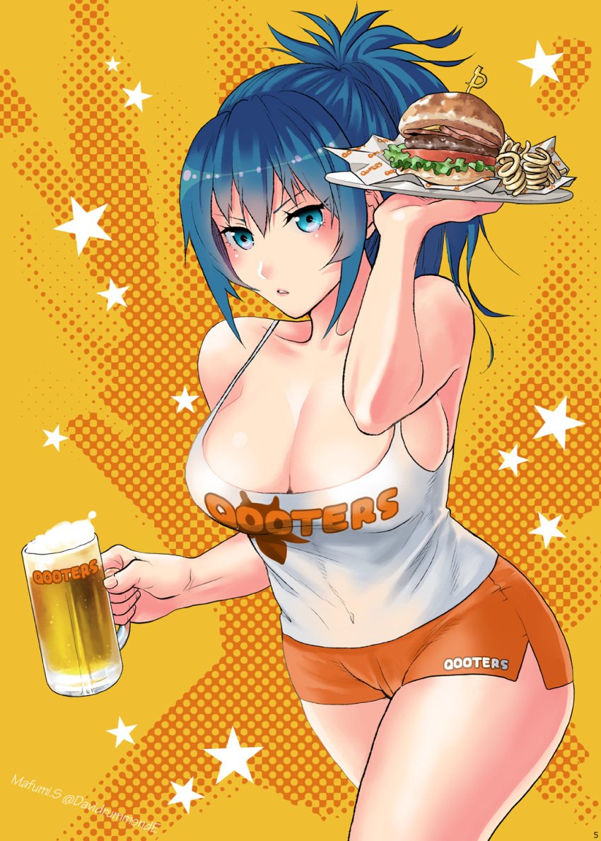 1girls big_ass big_breasts blue_eyes blue_hair breasts busty clothed curvaceous curvy cute female hooters hooters_uniform huge_breasts king_of_fighters kuributon leona_heidern light-skinned_female light_skin long_hair looking_at_viewer pale-skinned_female pale_skin ponytail sakura_mafumi shorts standing tank_top thick thick_thighs thighs tied_hair voluptuous voluptuous_female wide_hips