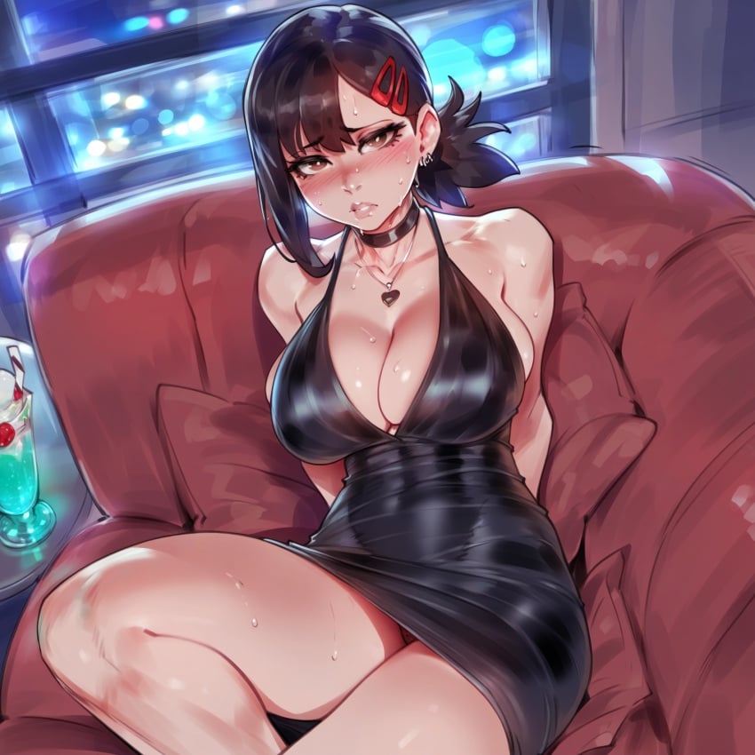 1girls ai_generated asian asian_female blush blushing breasts chainsaw_man choker cleavage couch dark_hair dress hairclip higashiyama_kobeni indoors light-skinned_female necklace nervous novelai short_dress shy solo solo_female solo_focus thighs tight_clothing tight_fit twitwit voluptuous