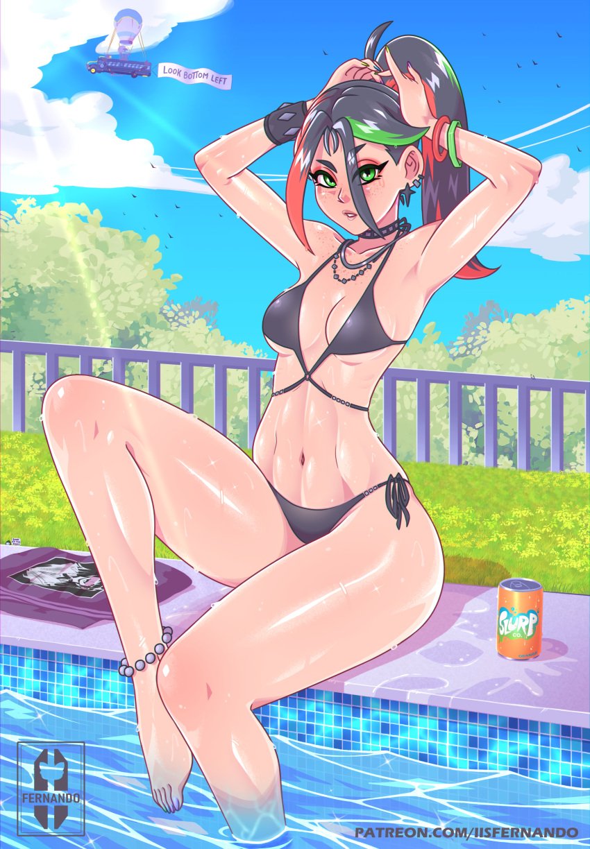 1girls bikini bracelet choker curvy earrings fortnite fortnite:_battle_royale green_eyes helsie_(fortnite) iisfernado looking_at_viewer multicolored_hair painted_nails ponytail poolside solo solo_female tagme