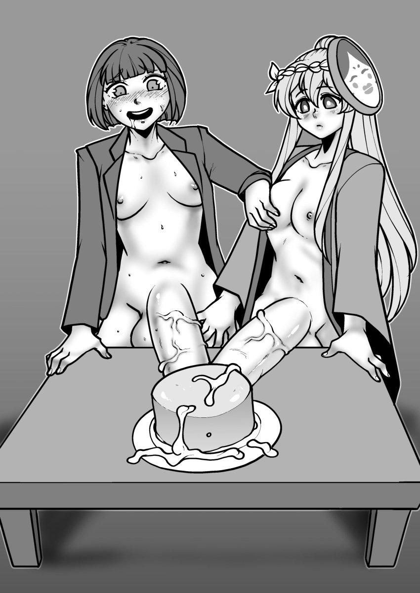 2futas 2girls balls big_balls cake cum cum_on_food drool ecchipandaa expressionless freckles futanari grayscale hand_on_breast hand_on_hip hand_on_table hata_no_kokoro huge_cock jacket_only kate_(yuppie_psycho) long_hair mask mostly_nude penis short_hair small_breasts smile table touhou yuppie_psycho