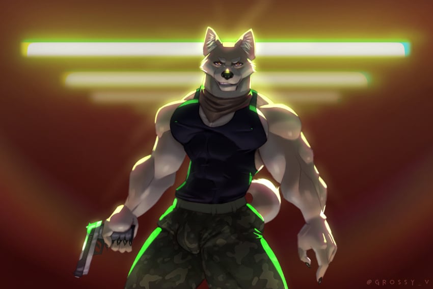 2022 3:2 anthro black_clothing black_shirt black_tank_top black_topwear bottomwear camo camo_print canid canine canis clothing digital_media_(artwork) domestic_dog fluorescent_light grossy_vulpen gun handgun hi_res holding_gun holding_object holding_ranged_weapon holding_weapon kerchief looking_at_viewer male mammal military military_pants military_uniform muscular muscular_anthro muscular_male pistol ranged_weapon shiba_inu shirt smile smirk solo spitz tan_body tank_top topwear uniform weapon white_body