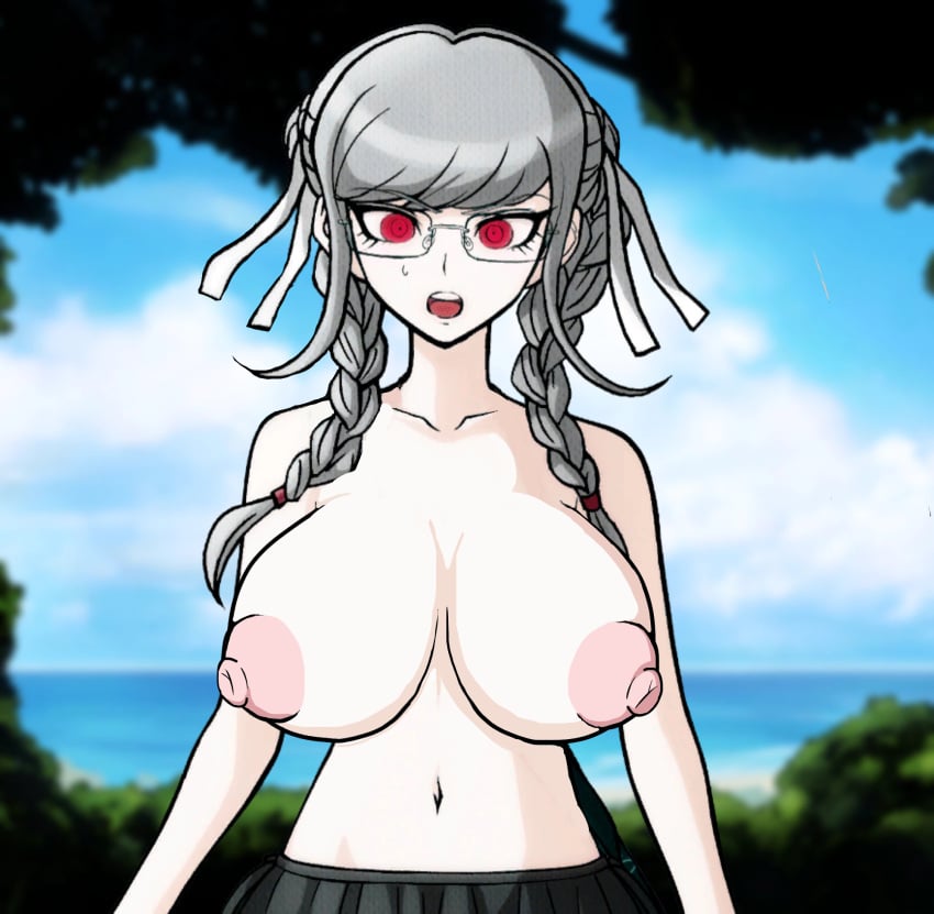 1girls big_breasts big_nipples braided_twintails breasts danganronpa danganronpa_2:_goodbye_despair danganronpa_s:_ultimate_summer_camp female female female_only glasses huge_breasts nipples pale-skinned_female pale_skin pekoyama_peko red_eyes self_upload solo swimwear topless why-am-ihere