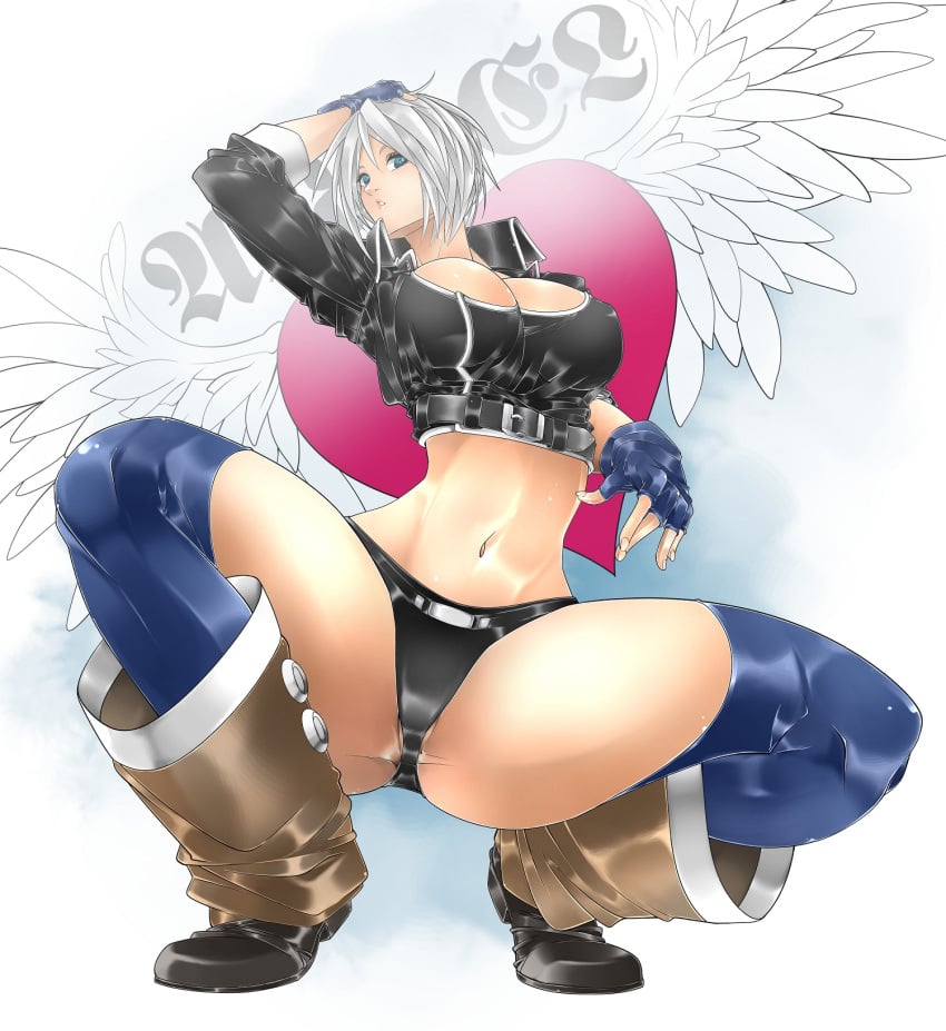 1girls angel angel_(kof) angel_wings big_breasts blue_eyes breasts busty curvaceous feathered_wings feathers female gloves heart heart_symbol huge_breasts jacket king_of_fighters latex leather leather_clothing light-skinned_female light_skin pale-skinned_female pale_skin short_hair squat squatting thick thick_legs thick_thighs thighs thong voluptuous voluptuous_female white_hair wings