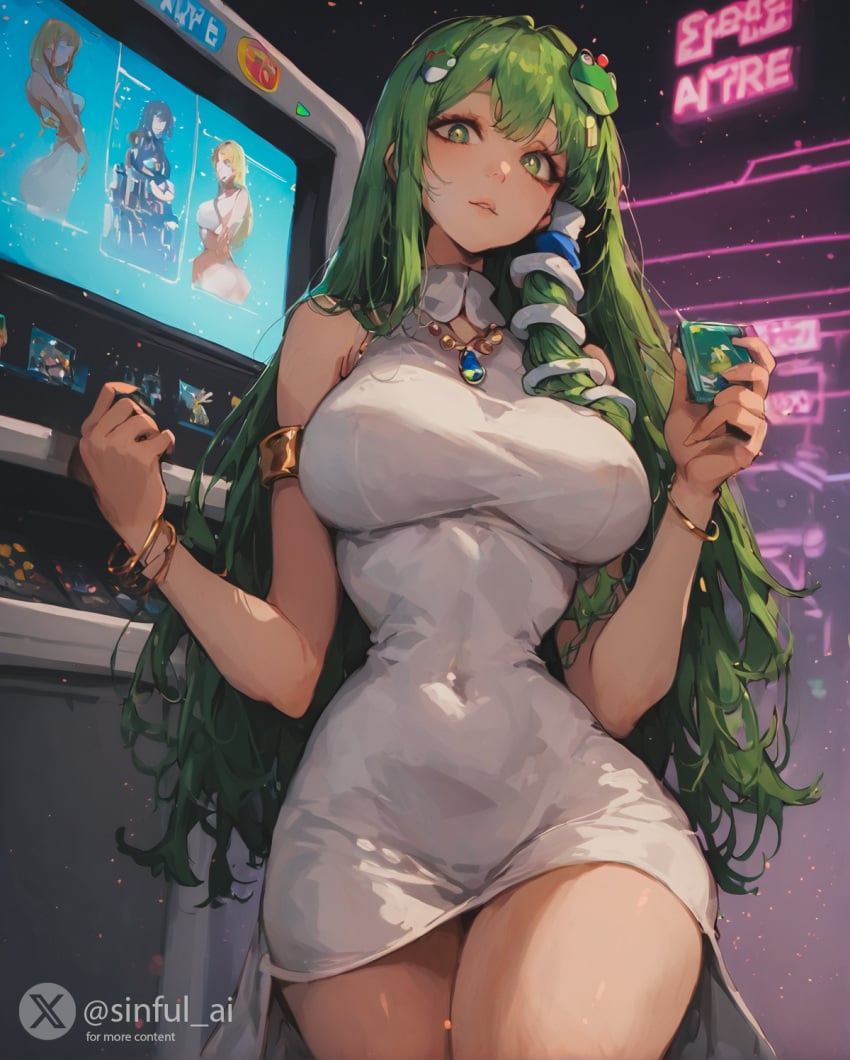 ai_generated aisinful arcade arcade_machine big_breasts breasts curvy daddy daddy_kink dress frog_hair_ornament gai_generated green_eyes green_hair hair_tubes hi_res huge_breasts jewelry large_breasts looking_at_viewer neon_lights public sanae_kochiya snake_hair_ornament standing thick_thighs touhou touhou_project voluptuous white_dress wide_hips