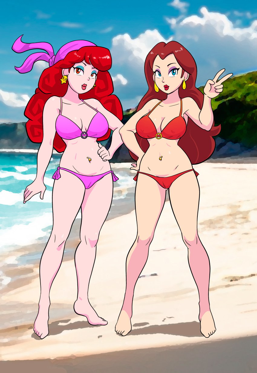 2girls beach bikini boobs breasts captain_syrup female females furboz mario_(series) navel_piercing nintendo pauline