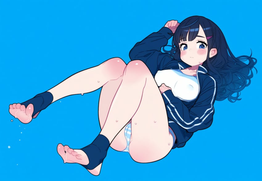 1girls ai_generated ass ass_focus bare_legs barefoot blush blush_lines body_blush cameltoe clothed clothing covered_nipples dark_hair feet full_body holding_legs jacket legs legwear looking_at_viewer lying lying_on_back medium_breasts medium_hair nipple_bulge nipples nipples_visible_through_clothing original original_character panties pussy_juice shiny_skin skirt soles striped_panties thighs toeless_legwear toes transparent_clothing wet wet_body wet_panties wet_pussy yellow_eyes yeyehuh