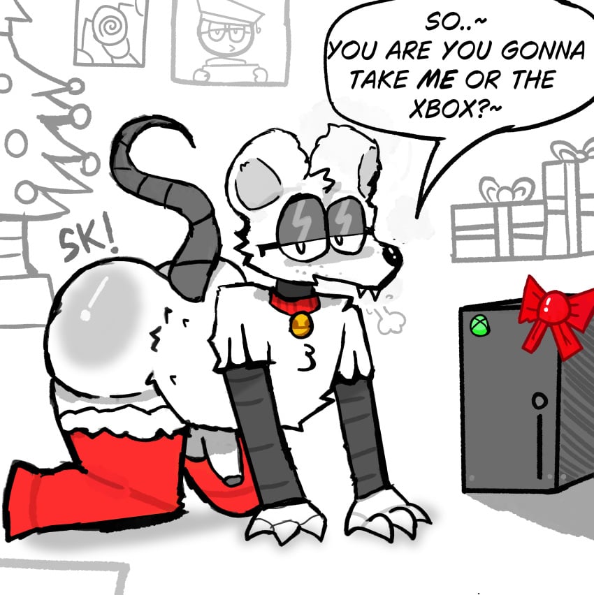 ass ass_focus bedroom_eyes bell_collar christmas christmas_thigh_highs christmas_tree console el_sick english_dialogue english_text femboy furry_femboy furry_only fursona game_console looking_at_viewer offering offering_to_viewer possum rat_ears rat_tail red_collar red_thigh_highs seducing seducing_viewer sik_(el_sick) thigh_highs white_fur xbox xbox_series_x