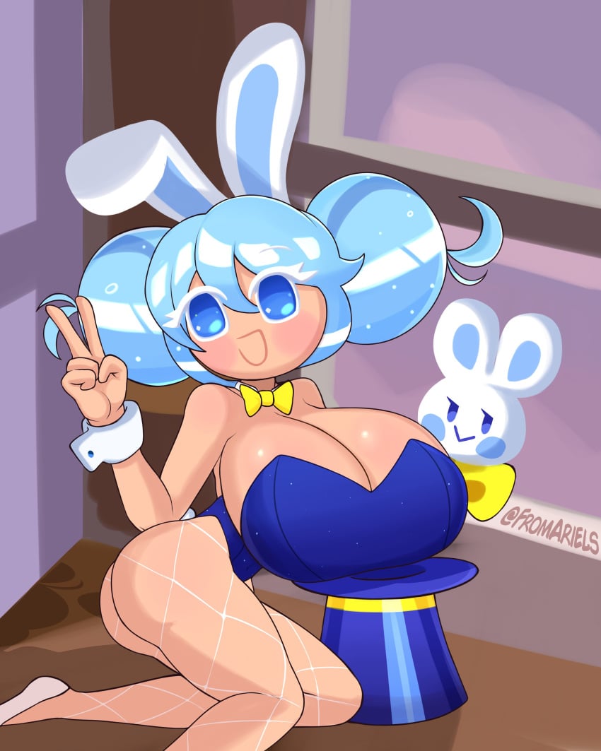 1girls animal_ears big_breasts blue_eyes blue_hair breasts bunny bunny_ears bunnygirl cookie_run cookie_run_ovenbreak cream_soda_cookie female_only fishnets fromariels hat huge_breasts light-skinned_female peace_sign solo tagme