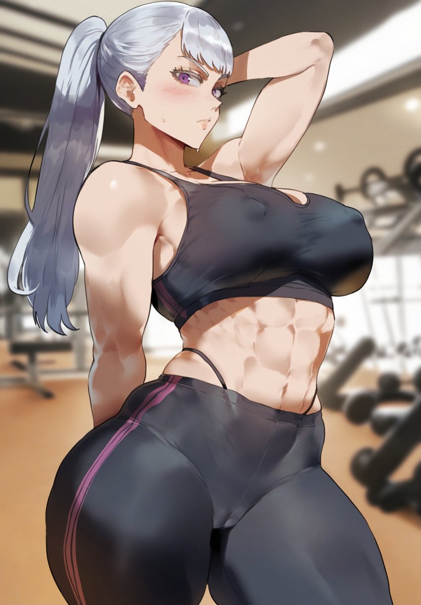 ai_generated ass black_clover full_body fully_clothed gym gym_clothes gym_clothing gym_shorts gym_uniform meiogun nipples nipples_visible_through_clothing noelle_silva purple_eyes silver_hair watching