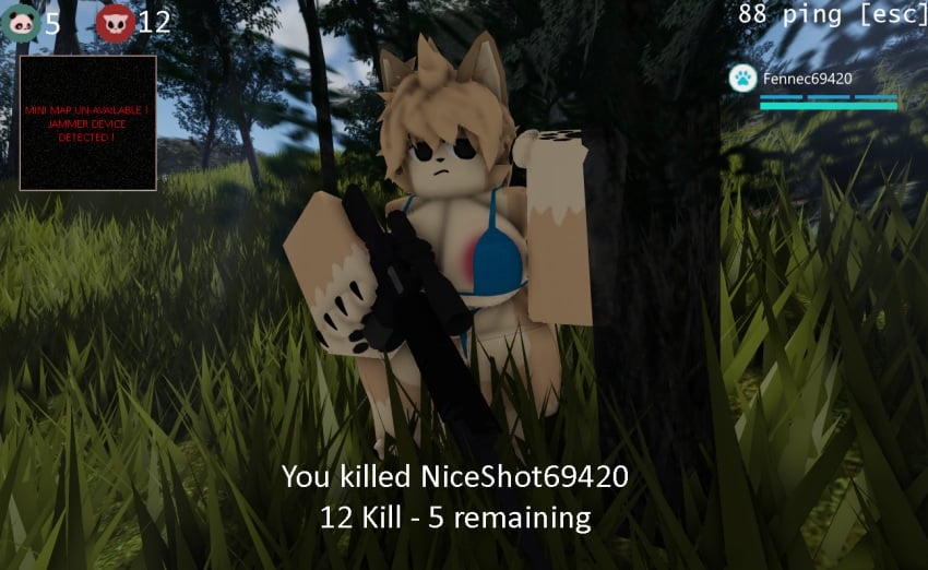 1girls 3d anthro bikini bikini_bottom bikini_top breasts female fennec fennec_fox fox furry gun ravenuwu roblox robloxian self_upload super_animal_royale tagme text