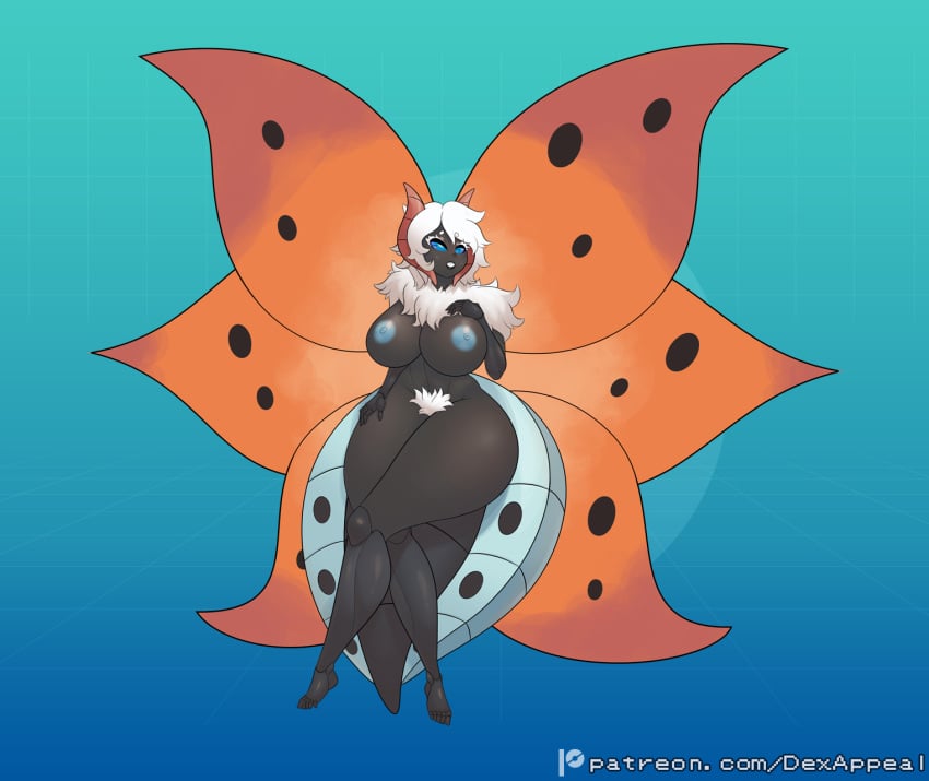 2024 areola arthropod arthropod_abdomen big_breasts black_body blue_areola blue_eyes blue_nipples breasts compound_eyes dex_appeal exoskeleton eyelashes female fur generation_5_pokemon genitals hair hi_res humanoid insect_wings insects lepidopteran looking_at_viewer monster_girl_(genre) moth nintendo nipples nude pokemon pokemon_(species) pokemorph pubes simple_background smile solo teeth thick_eyelashes volcarona white_body white_fur white_hair wings