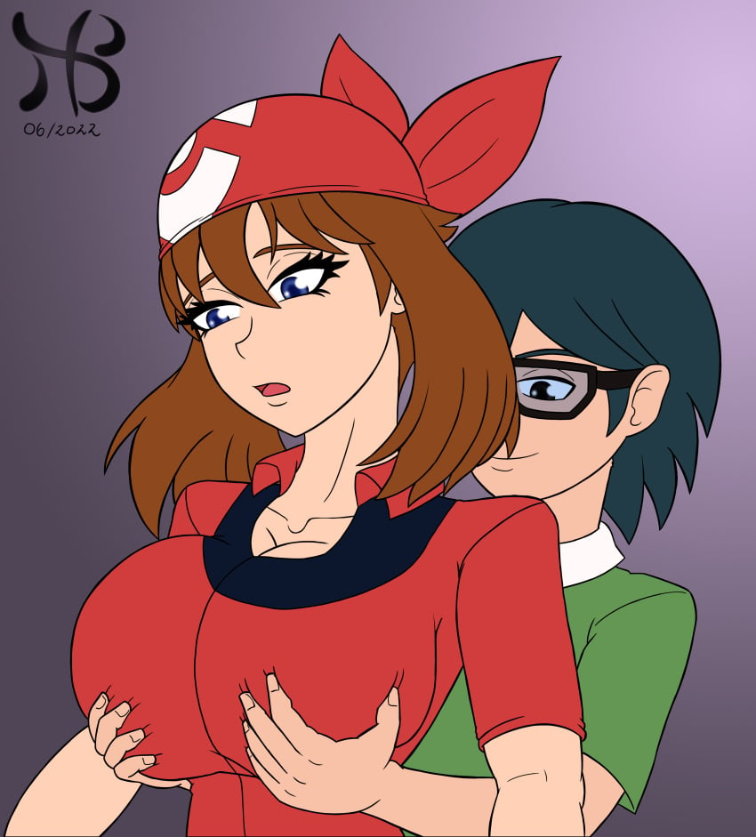 breast_grab breast_grab_from_behind brother_and_sister fondling_breast hiastobasement_(artist) huge_breasts incest max_(pokemon) may_(pokemon) pokemon pokemon_(anime)