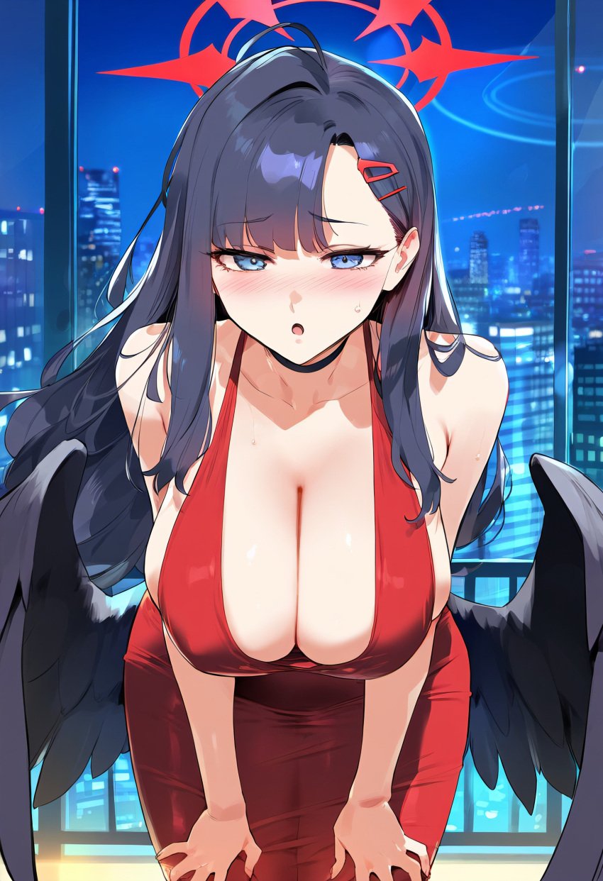 1girls ai_generated alternate_costume big_breasts black_hair blue_archive breasts dress female female_focus female_only grey_eyes huge_breasts ichika_(blue_archive) large_breasts thick_thighs thighs wings