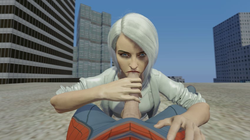 1boy1girl blowjob holding_penis marvel marvel_comics peter_parker rooftop rooftop_sex silver_sable silver_sable_(insomniac) silver_sablinova spider-man_(insomniac) spider-man_(series) sucking_penis