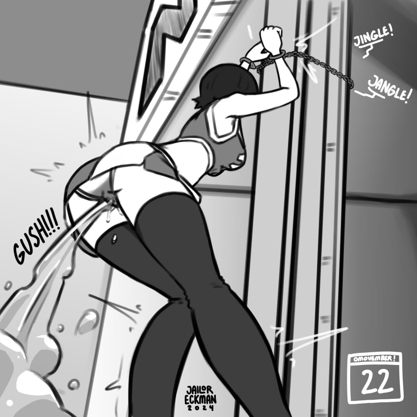 1girls 2024 artist_name black_hair black_thighhighs bondage breasts cheerleader female handcuffed handcuffs jailor_eckman omorashi original panties peeing peeing_self restrained short_hair skirt thighhighs underwear wet wet_panties wetting wetting_panties wetting_self