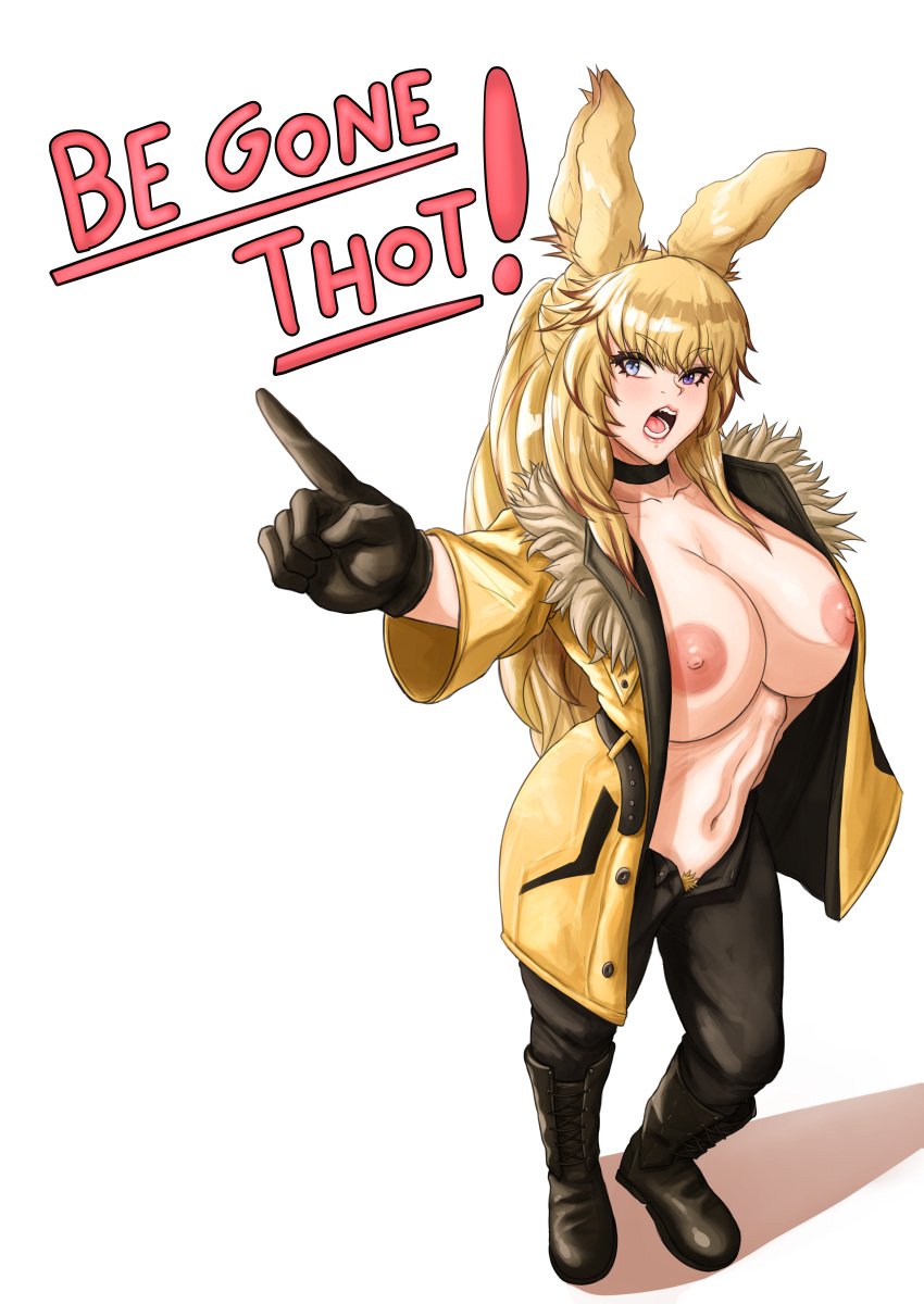 big_breasts black_boots black_choker black_gloves blonde_hair breasts brown_highlights bunny_ears bunny_girl choker exposed_breasts exposed_nipples exposed_torso female female_only final_fantasy final_fantasy_xiv fur_collar heterochromia long_cock long_hair long_ponytail lordmagnuss oc open_mouth original_character pointing posing pubic_hair pubic_hair_peek reagan_reaves shouting tall viera