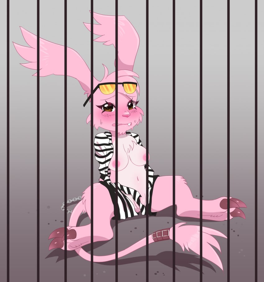 anthro bandai_namco big_breasts blush breasts claws digimon digimon_(species) eyewear female fur gazimon genitals glasses hi_res jaki-kun_(character) kipaki pink_body pink_fur prison prison_uniform pussy solo tail