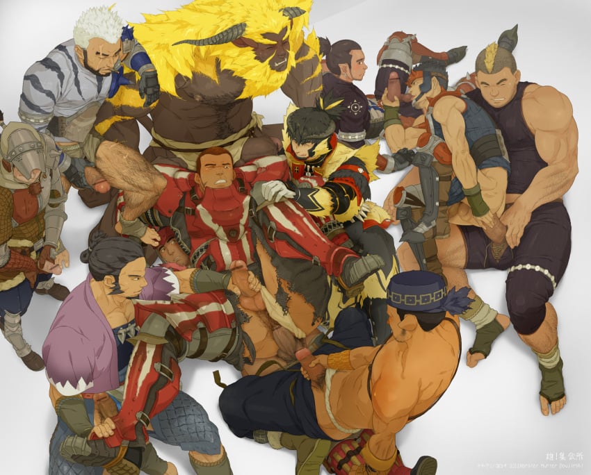 11boys 6+boys anal armor bad_id bad_pixiv_id bara black_belt_(armor) black_belt_x_(armor) black_hair blonde_hair blush body_hair boots brown_hair capcom censored closed_eyes clothed_sex dark-skinned_male dark_skin earrings erection fanged_beast flaccid forced_yaoi foreskin gangrape gay glans golden_(armor) group_sex handjob hermitaur_(armor) highres human hunter_(monster_hunter) kfutaba leather_(armor) legs_held_open licking male male_masturbation male_only male_pubic_hair masturbation monster monster_hunter monster_hunter_2 multiple_boys muscles muscular muscular_male on_back orgy penis penis_out pointy_ears pubic_hair rajang rape restrained scar sex simple_background size_difference source_request sweat tear testicles tongue torn_clothes underwear_aside white_hair yaoi year_request