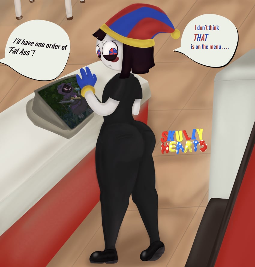 alternate_ass_size alternate_body_type black_pants black_shirt dialogue fast_food_uniform fat_ass fortnite fortnite:_battle_royale full_body fully_clothed glitch_productions huge_ass jester_hat looking_back nervous pomni pomni_(spudsy's) pomni_(tadc) pomni_(the_amazing_digital_circus) raven_team_leader skullyhearts the_amazing_digital_circus white_skin