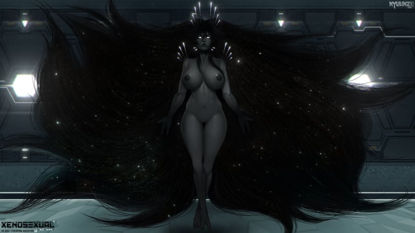 1girls 2020 alien_girl areolae black_hair breasts female female_only huge_breasts lady_glow nipples nude nyuunzi solo very_long_hair white_eyes xenosexual