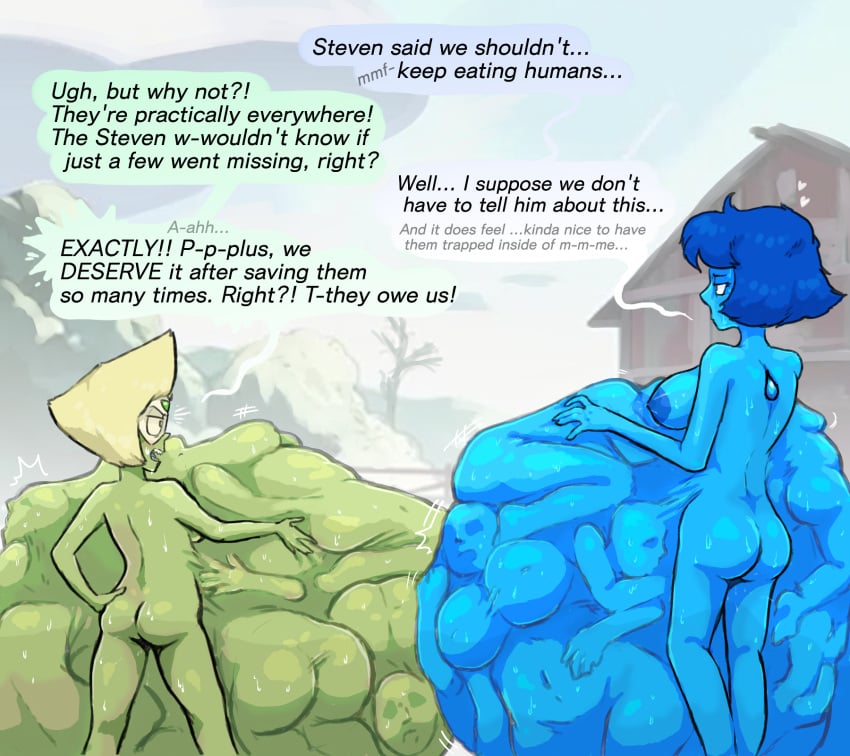 ass ass_imprint belly belly_bulge blue_body blue_hair blue_skin breasts completely_nude completely_nude_female detailed_bulges digestion face_imprint fatal_vore female_only female_pred female_prey green_skin gren_body huge_belly human_prey imprints lapis_lazuli_(steven_universe) mass_vore multiple_prey nude nude_female peridot_(steven_universe) plaguetyranno steven_universe tight_belly unwilling_prey vore vore_belly