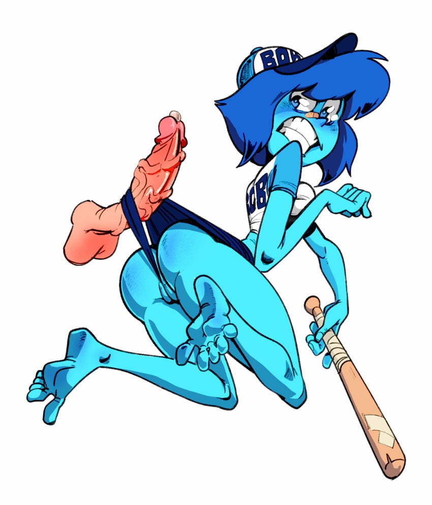 baseball_bat baseball_cap baseball_uniform big_penis cartoon_network feet hanging_from_penis lapis_lazuli_(bob) lapis_lazuli_(steven_universe) short_hair slim_waist small_breasts steven_universe tagme_(artist) wedgie