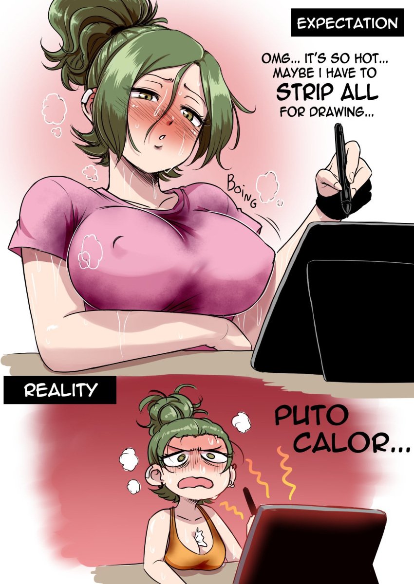 big_breasts castagno clothing curvy expectation_vs_reality funny green_hair heat humor issa94 issa_castagno_(character) self_insert summer sweat tied_hair