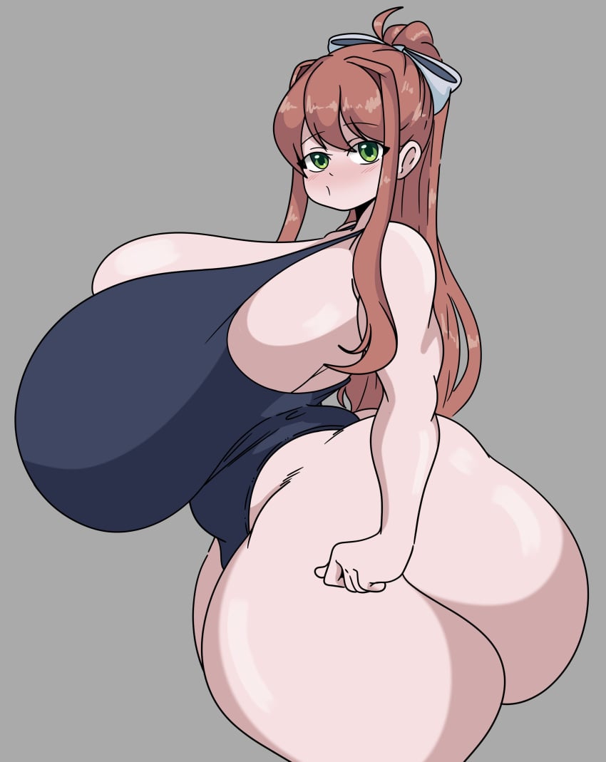 1girls 2020s 2024 big_ass blush_lines curvy_figure doki_doki_literature_club green_eyes grey_background huge_ass huge_breasts huge_thighs inakotho looking_at_viewer massive_ass massive_breasts monika_(doki_doki_literature_club) plump ponytail school_swimsuit skindentation tagme thick_thighs