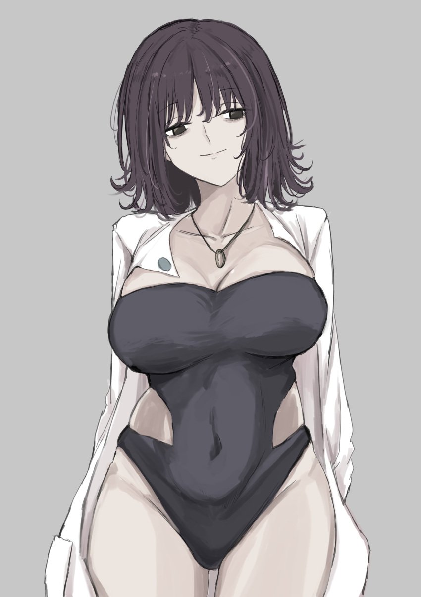 bags_under_eyes belly_button_visible_through_clothing big_breasts bikini breasts chubby hakkinnpt001 labcoat necklace philena_ivy pokemon pokemon_anime pokemon_rgby professor_ivy_(pokemon_anime) short_hair smile thick_thighs thighs