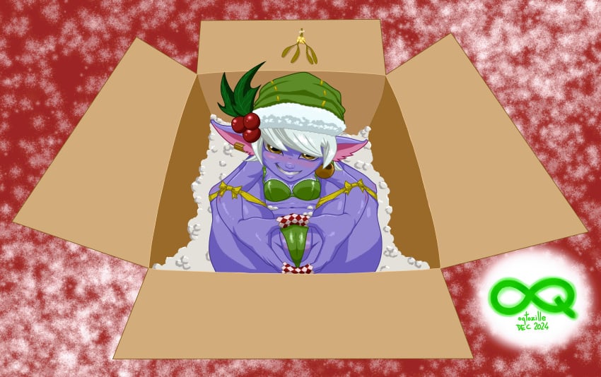 1girls absurd_res blush bondage box christmas christmas_hat female_focus gift gift_wrapped highres league_of_legends long_ears looking_at_viewer mistletoe oqtozille purple_body shortstack smaller_female tied tristana white_hair yordle