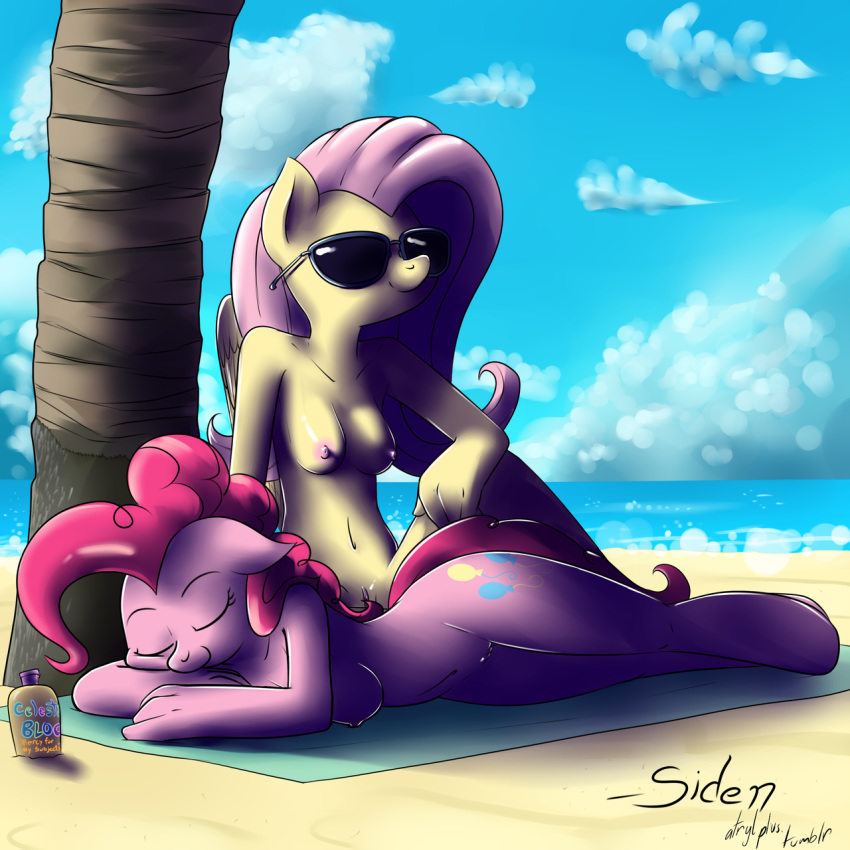 2012 anthro atryl beach breasts clouds cutie_mark equine eyewear female fluttershy_(mlp) friendship_is_magic hair horse long_hair my_little_pony navel nipples nude pegasus pink_hair pinkie_pie_(mlp) pony pussy sand sea seaside siden sky smooth_skin sunglasses towel water wings