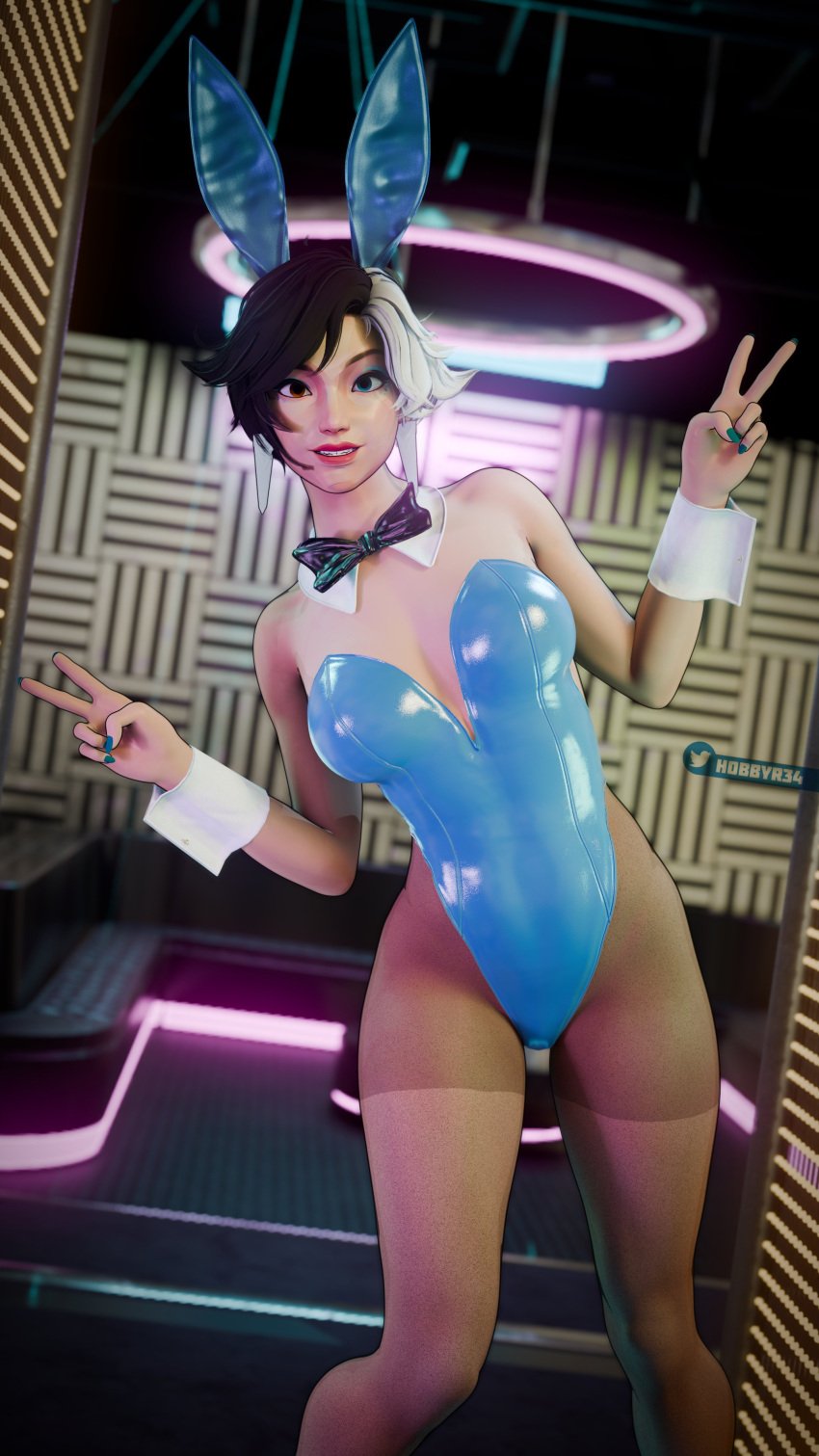 1girls 3d bunnysuit clothed clothing female female_focus female_only heterochromia hobbyr34 light-skinned_female light_skin luna_snow luna_snow_(marvel_rivals) marvel marvel_comics marvel_rivals multicolored_hair peace_sign smile smiling_at_viewer standing