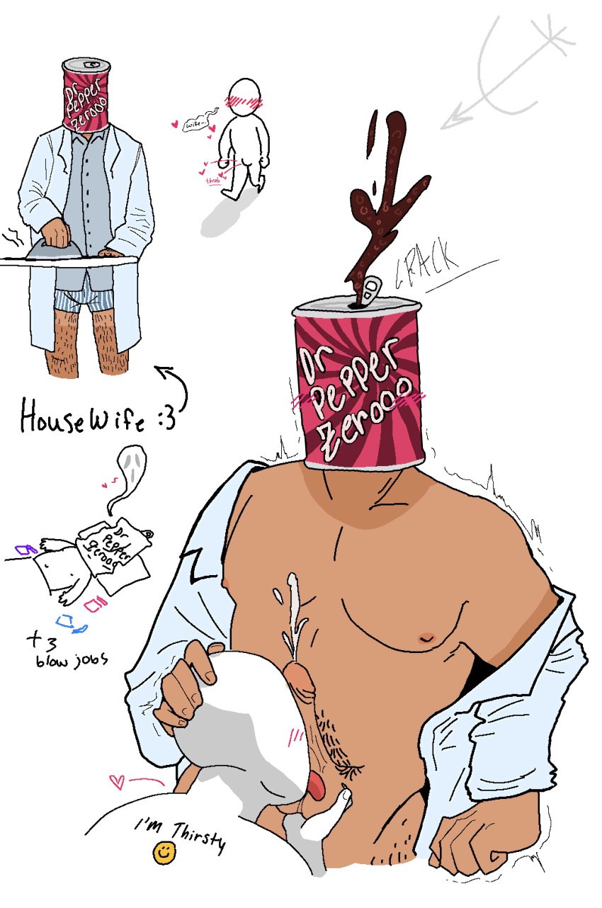 blush blush_lines cumming dr.pepper_man dr_pepper farmer's_tan fondling_balls gay_blowjob labcoat licking_balls object_head oral partially_clothed_male stcupidk_(artist)