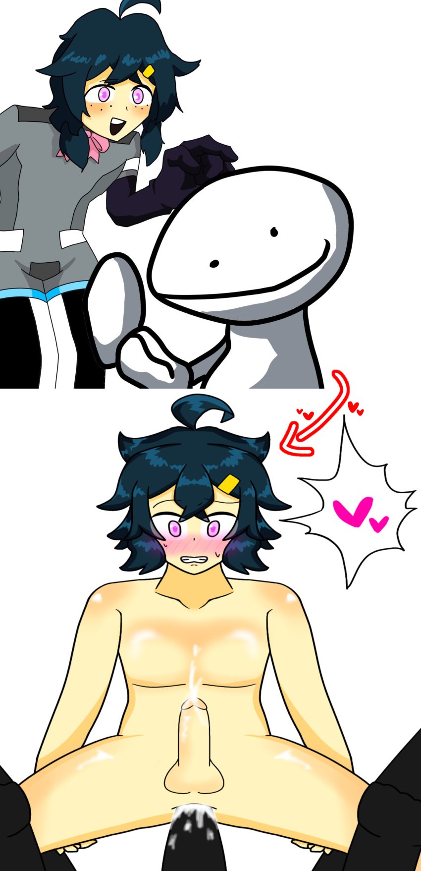 2boys ahoge ainggomu blue_hair bob_(friday_night_funkin) breasts embarrassed femboy fnf_mods friday_night_funkin heart heart_eyes kou_(glitchdroid) male male_focus male_only pink_eyes ribbon short_hair small_breasts smile thighs yaoi