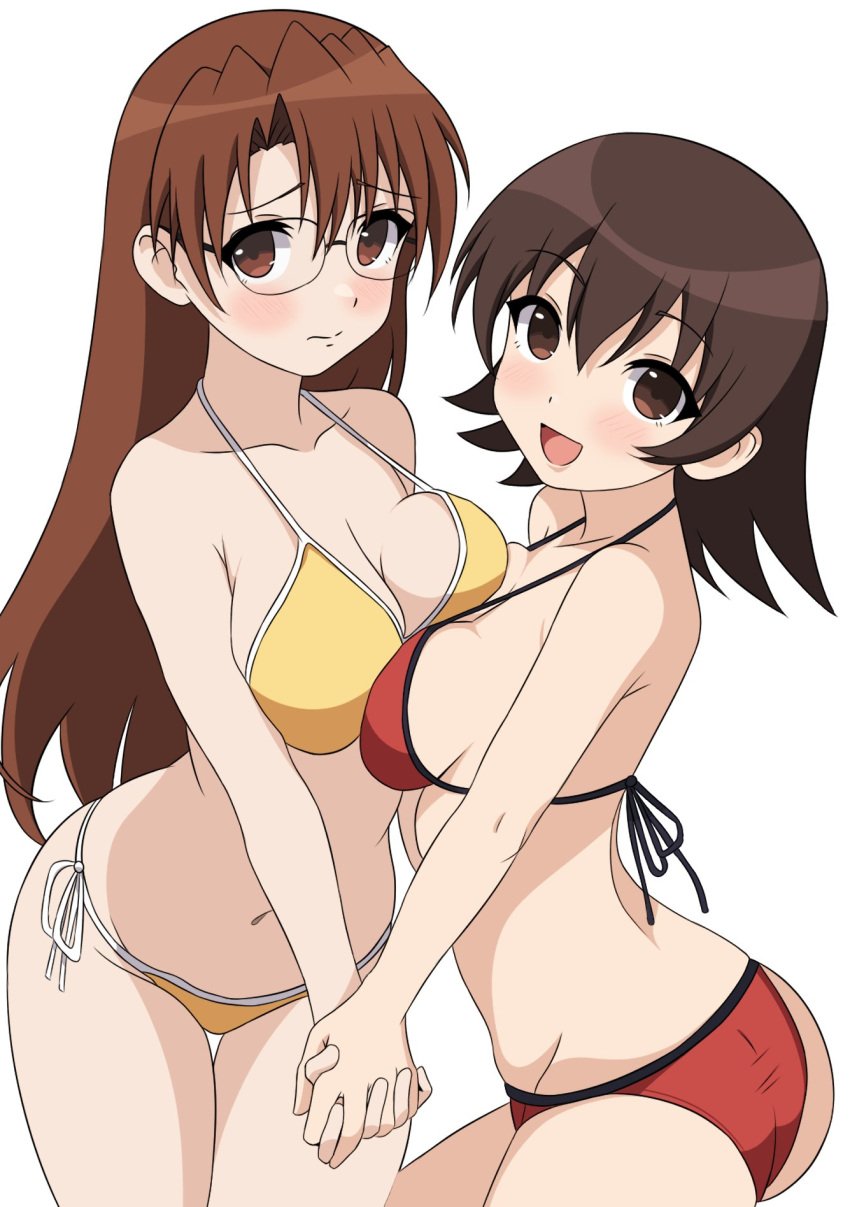 2girls azumanga_daiou bikini blush boobs_pressed breasts breasts_to_breasts glasses koyomi_mizuhara shinyy_luna tomo_takino yuri