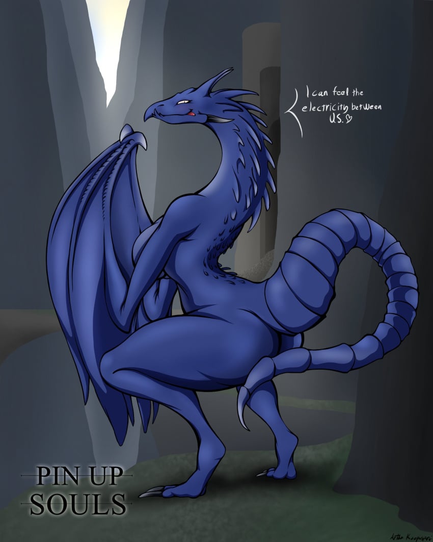 2020 4:5 absurd_res anthro arttukorppu ass biped blue_body blue_scales blush breasts claws crouching dark_souls dialogue digital_media_(artwork) dragon english_text female fromsoftware heart_symbol hi_res horn looking_at_viewer looking_back mythological_creature mythological_scalie mythology nude outside raised_tail scales scalie smile solo tail text thick_thighs toe_claws tongue tongue_out white_text winged_arms wings