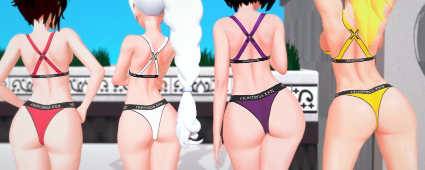 3d 3d_(artwork) 4girls arrancon ass ass_focus black_hair black_hair_female blake_belladonna blonde_female blonde_hair facing_away large_ass ponytail pose posing rooster_teeth ruby_rose rwby size_difference team_rwby tied_hair weiss_schnee white_hair white_hair_female wide_hips yang_xiao_long