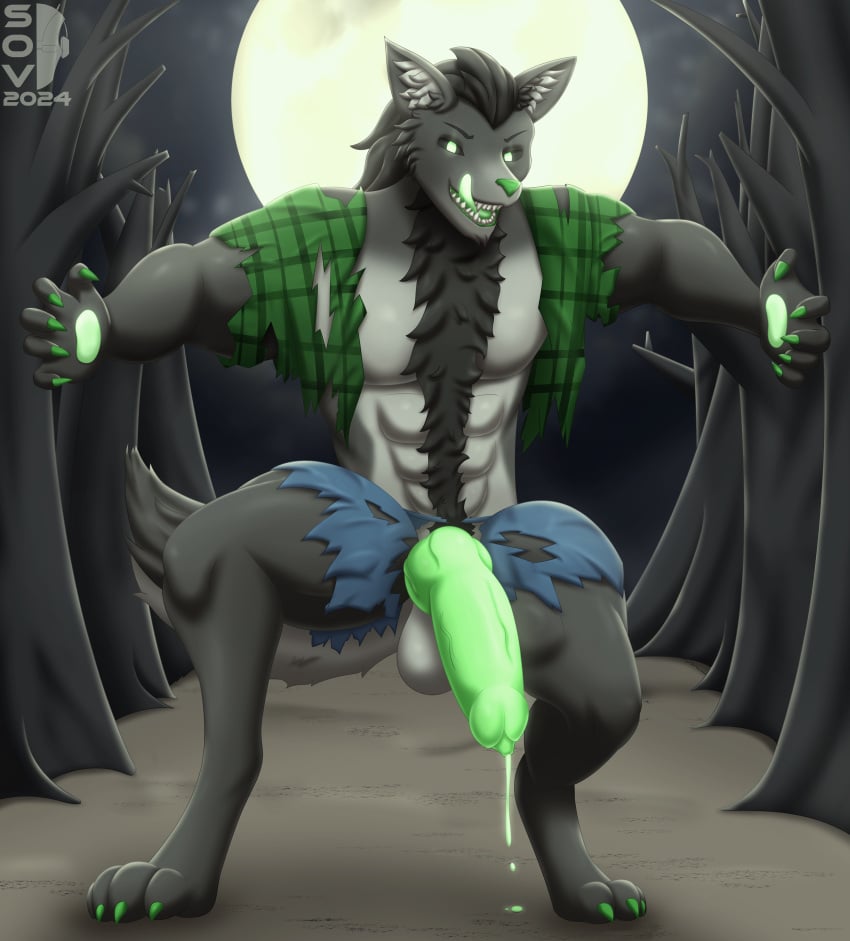 abs absurd_res anthro bared_teeth bodily_fluids bottomwear canid canine claws clothing countershade_face countershade_torso countershading dripping finger_claws forest full_moon genital_fluids genitals glowing glowing_eyes glowing_genitalia glowing_precum hi_res licking licking_lips male mammal moon muscular muscular_male mythological_canine mythological_creature mythology pants pecs plant precum precum_drip solo sovulsen teeth toe_claws tongue topwear torn_bottomwear torn_clothing torn_pants torn_topwear tree werecanid werecanine werecreature werewolf