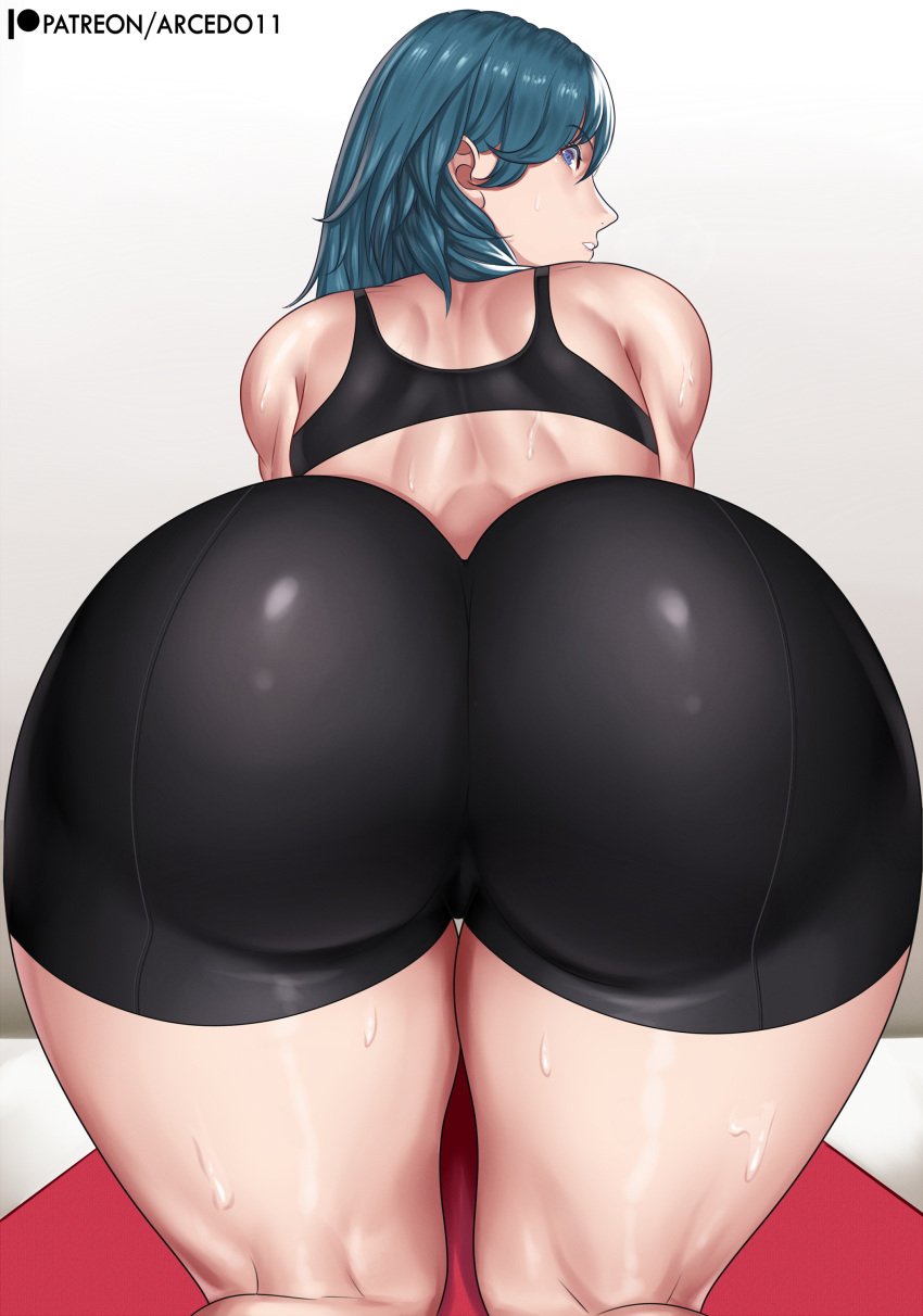 1girls arcedo ass ass_focus back back_view bent_over big_ass black_shorts blue_eyes blue_hair bottomwear bubble_ass bubble_butt byleth_(fire_emblem) byleth_(fire_emblem)_(female) clothing dat_ass female female_only fire_emblem fire_emblem:_three_houses hair huge_ass long_hair looking_back shorts solo solo_female sports_bra sports_uniform sportswear sweat sweatdrop thighs topwear