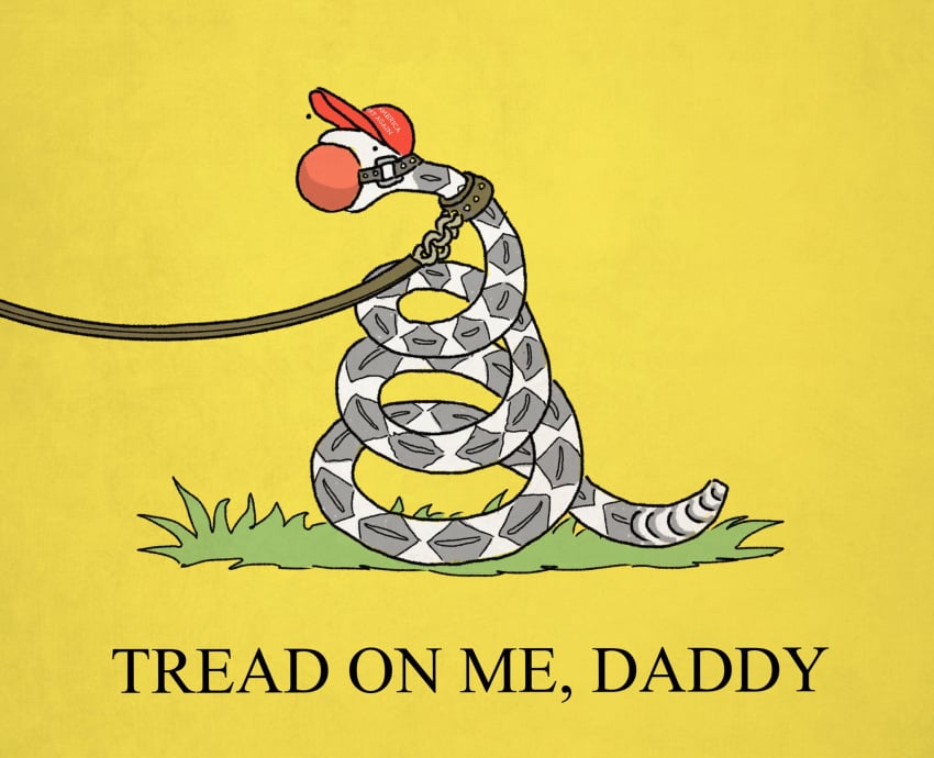 alternate_version_at_source ambiguous_gender ball_gag bondage clothing coiled_body coiled_up coiling collar don't_tread_on_me english_text feral gadsden_flag gag grass hat hat_only headgear headgear_only headwear headwear_only hi_res leash leashed_collar maga_hat mostly_nude nude_ambiguous nude_feral offscreen_character plant please_tread_on_me political_cartoon politics reptile safe_nudity scalie simple_background snake solo submissive submissive_ambiguous submissive_feral text tommy_siegel yellow_background